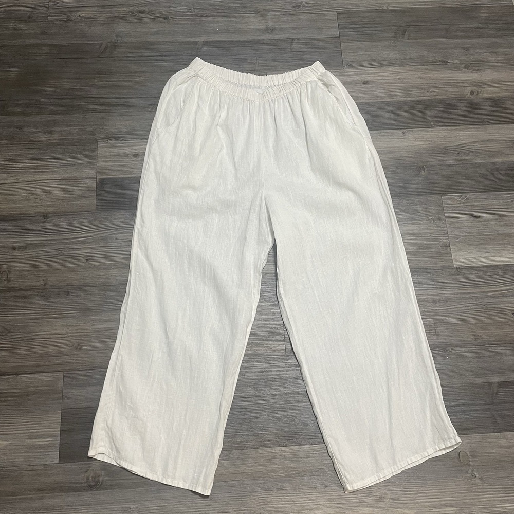 FLAX 100% Linen Pants Sz M Relaxed White Wide Leg Cropped Elastic Waist Pockets